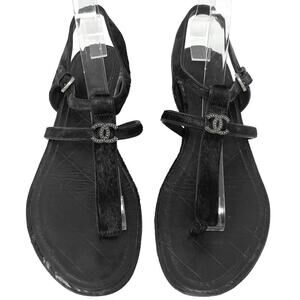 Chanel Calf Hair Logo T‑Strap Sandals Black Leather Flat EU 37.5